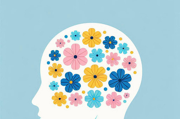 Ter illustratie van mentale gezondheid en PSA op de werkvloer, een hoofdgevuld met bloemen