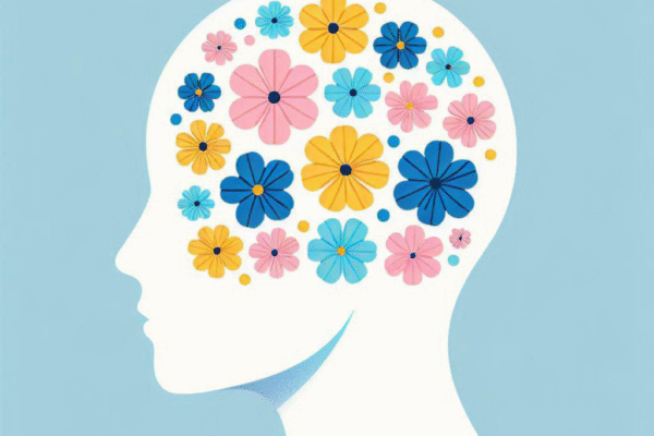 To illustrate mental health and PSA in the workplace, a head filled with flowers