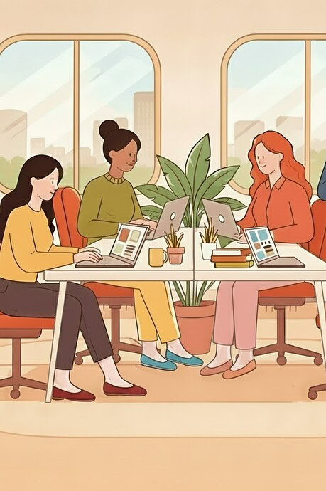 Vrouwelijk ziekteverzuim. Afbeelding toont vier vrouwen op de werkvloer, zittend en staand rondom twee bureaus met laptops erop.