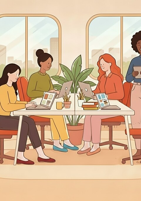 Vrouwelijk ziekteverzuim. Afbeelding toont vier vrouwen op de werkvloer, zittend en staand rondom twee bureaus met laptops erop.